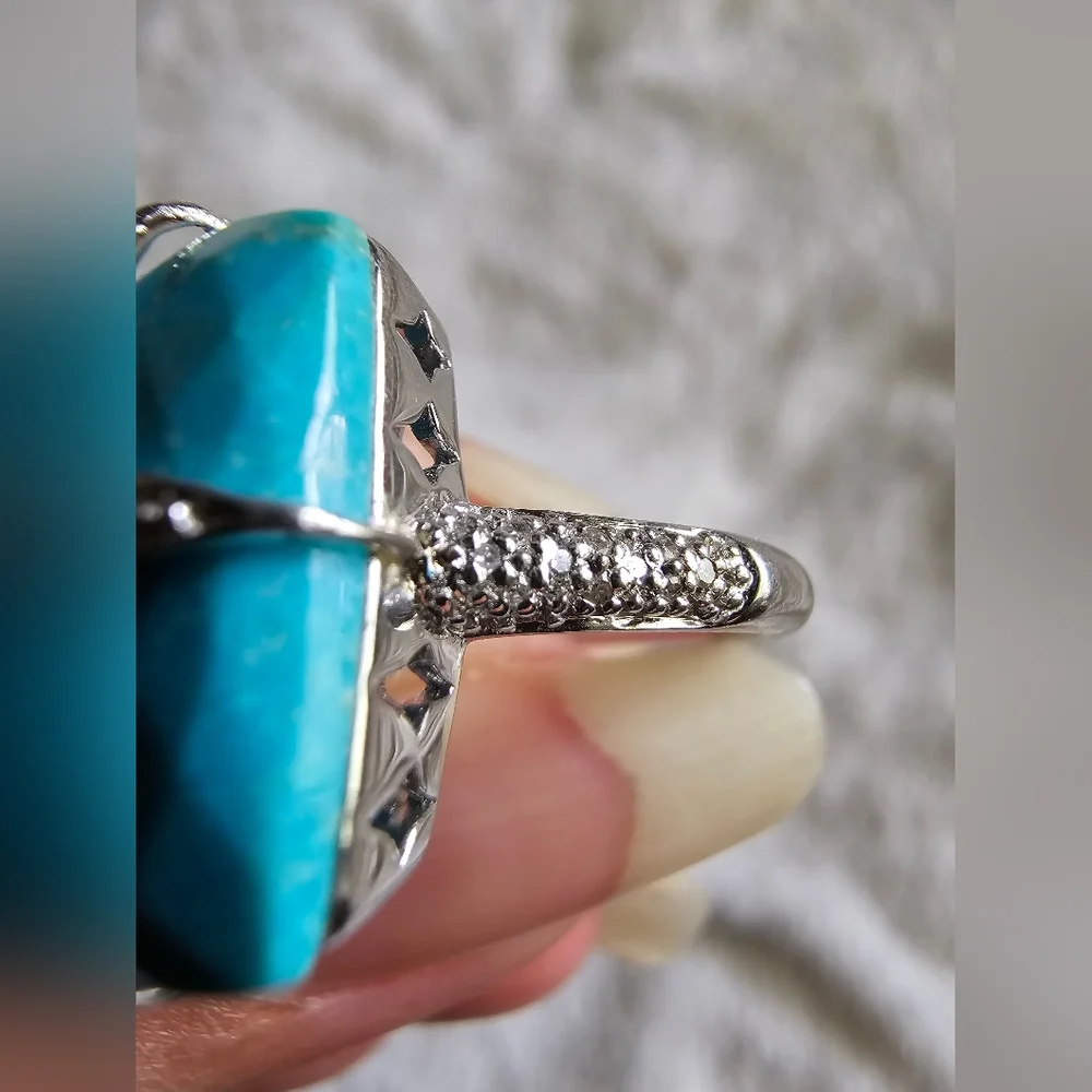 Turquoise and white topaz silver ring